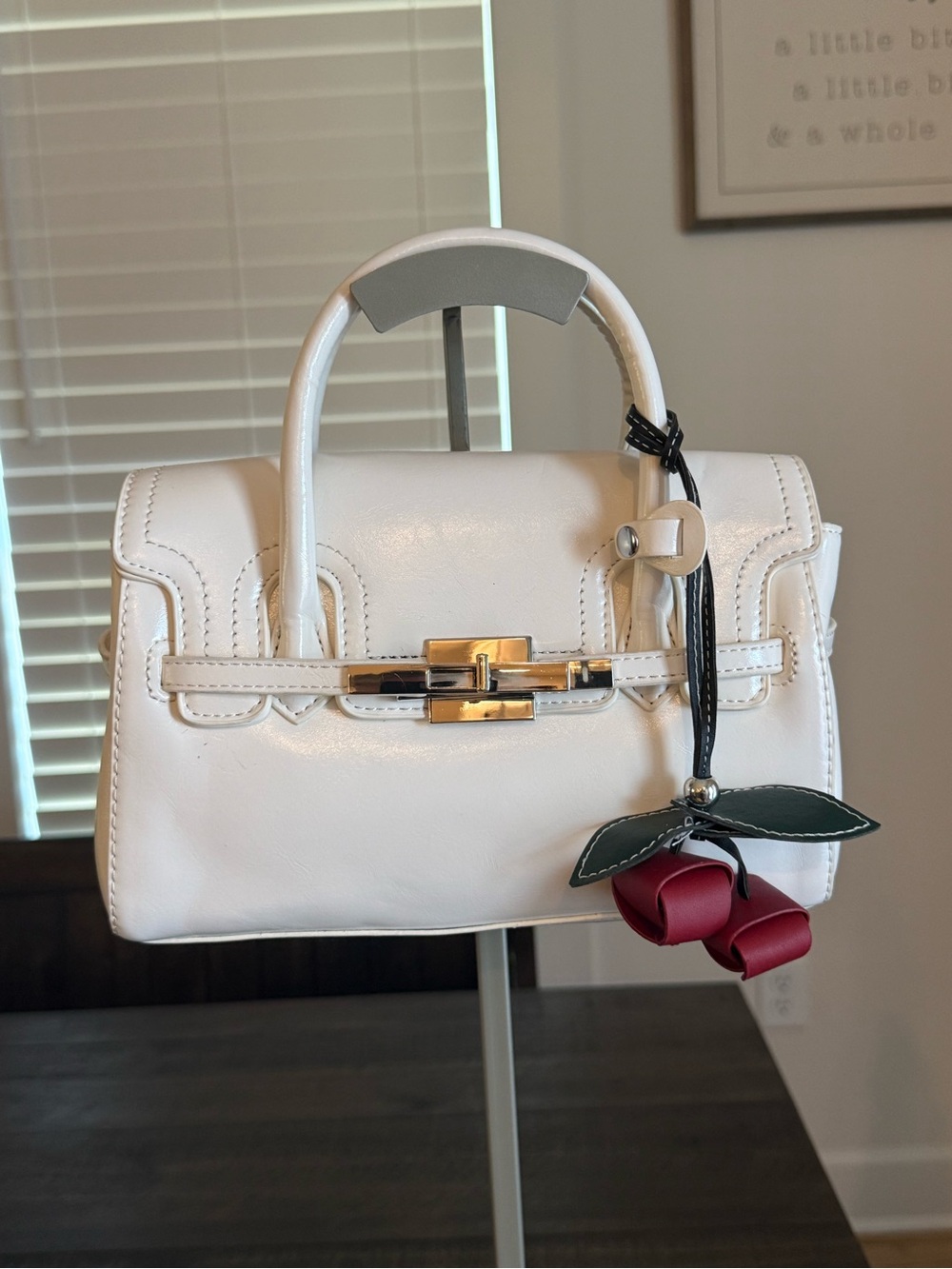 White Top-Handle Women's Satchel with charm
